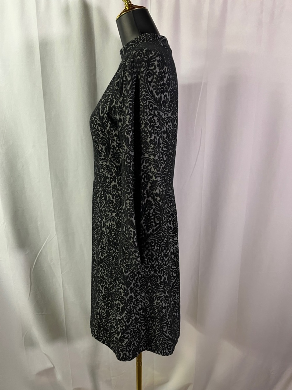 LOFT Black & Gray Jacquard Floral 3/4 Sleeve A-Line Dress - Picture 3 of 16